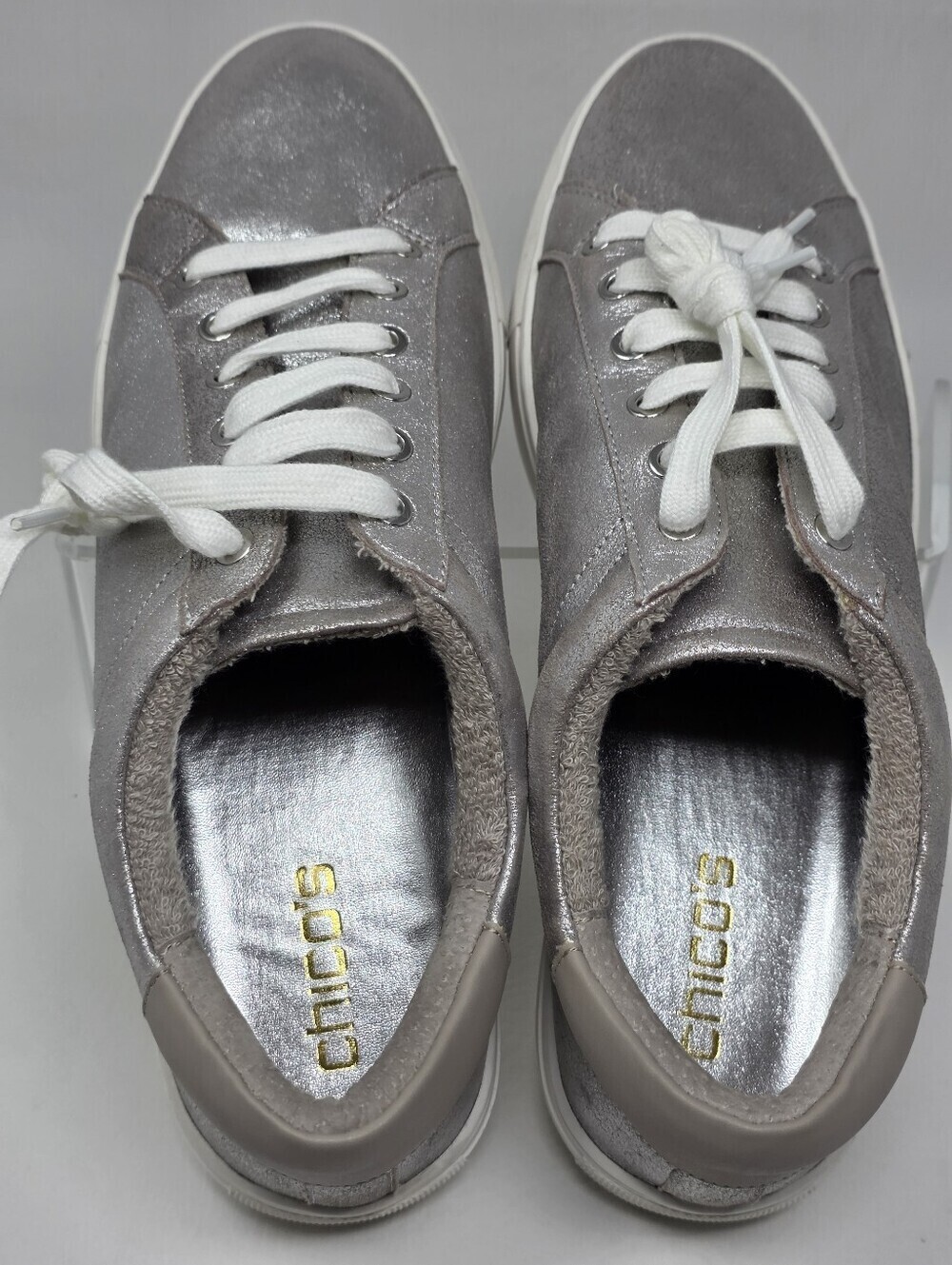 Chico’s Women’s Silver Leather Lace Up Shoes Sneakers Size 11 M New - Picture 10 of 12